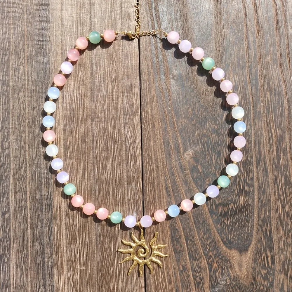 Color Changing Sun Pendant Necklace UV Reactive Pastel Colors Beaded Bracelet Set Lightweight Steel Chain Cat Eye Choker