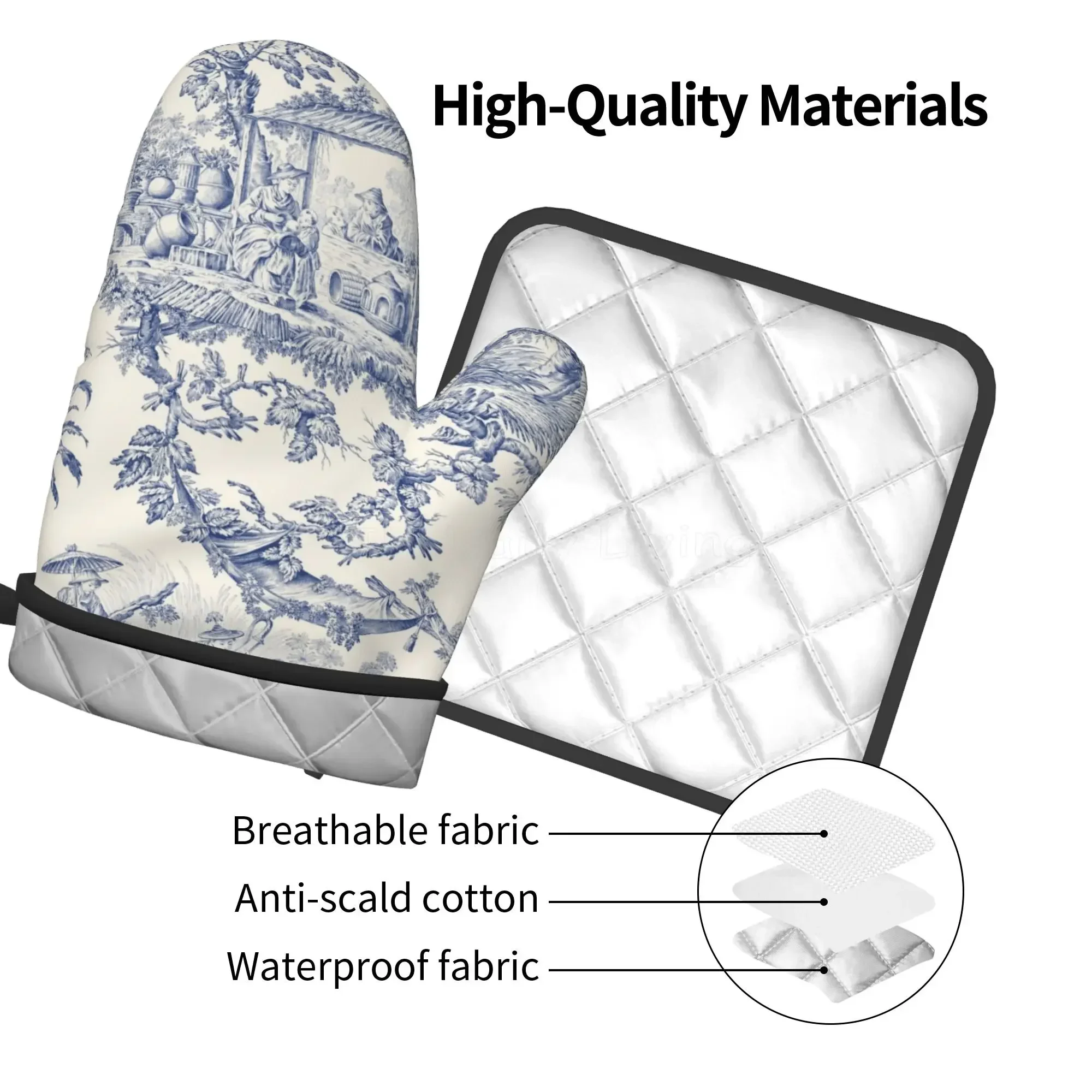 French Toile De Jouy Navy Blue Motif Heat Resistant Oven Mitts and Pot Holders Sets Oven Gloves for BBQ Cooking Baking Grilling