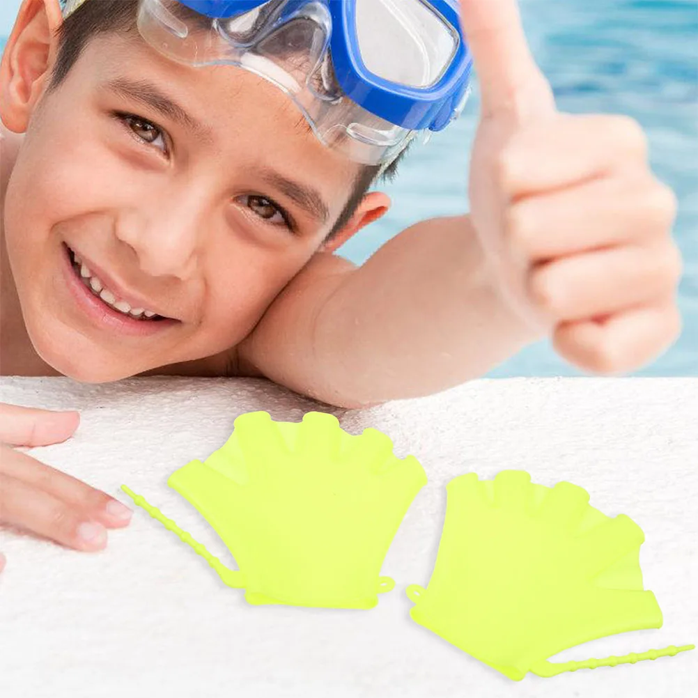 Guantes de natación verdes fluorescentes, paletas de mano de silicona para piscina para niños principiantes, manoplas de entrenamiento resistentes al agua, 4 Uds.