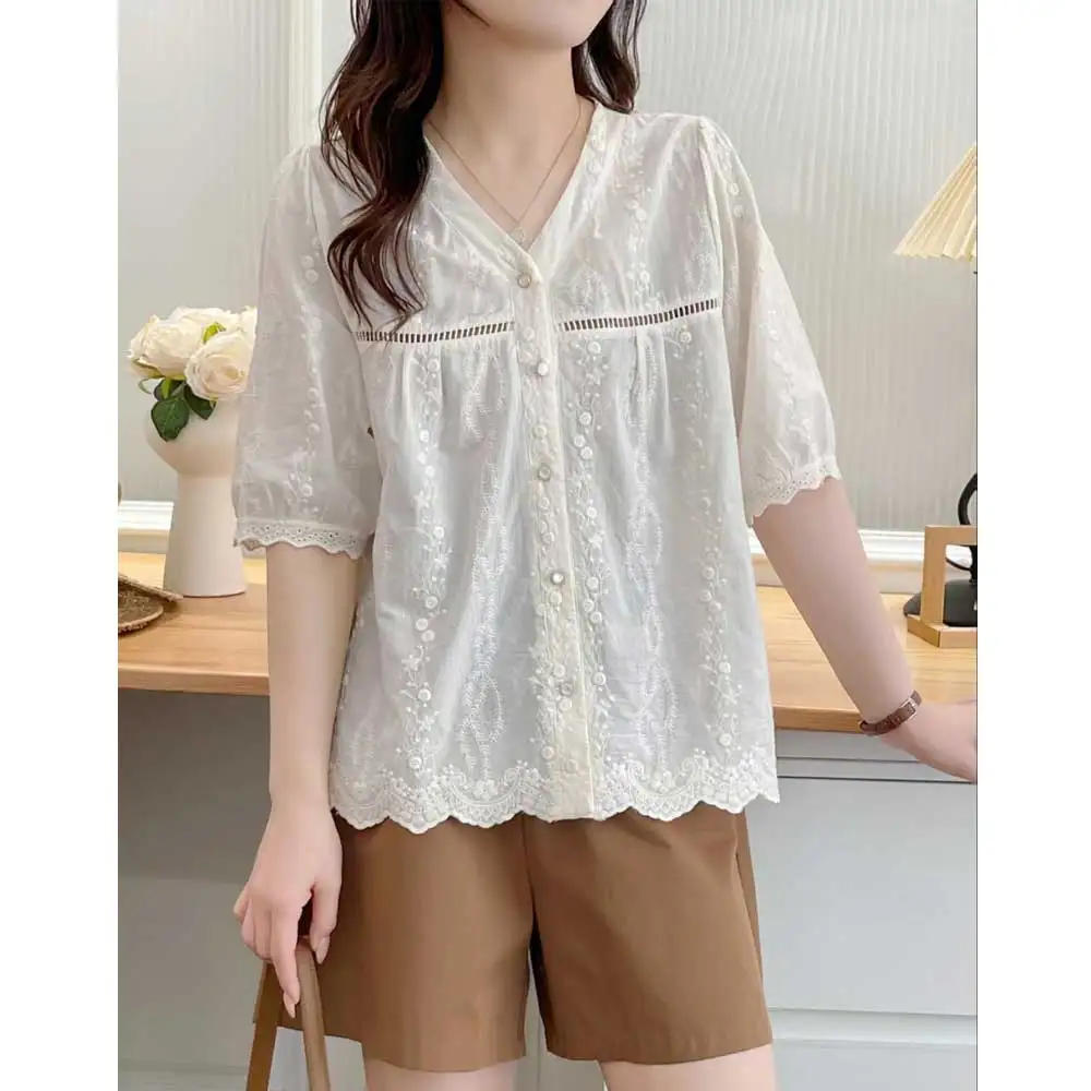 

Japanese Sweet Mori Girl Solid Color Embroidery 100% Cotton Shirts Women Summer V-Neck Short Sleeve Casual Loose Blouse Tops