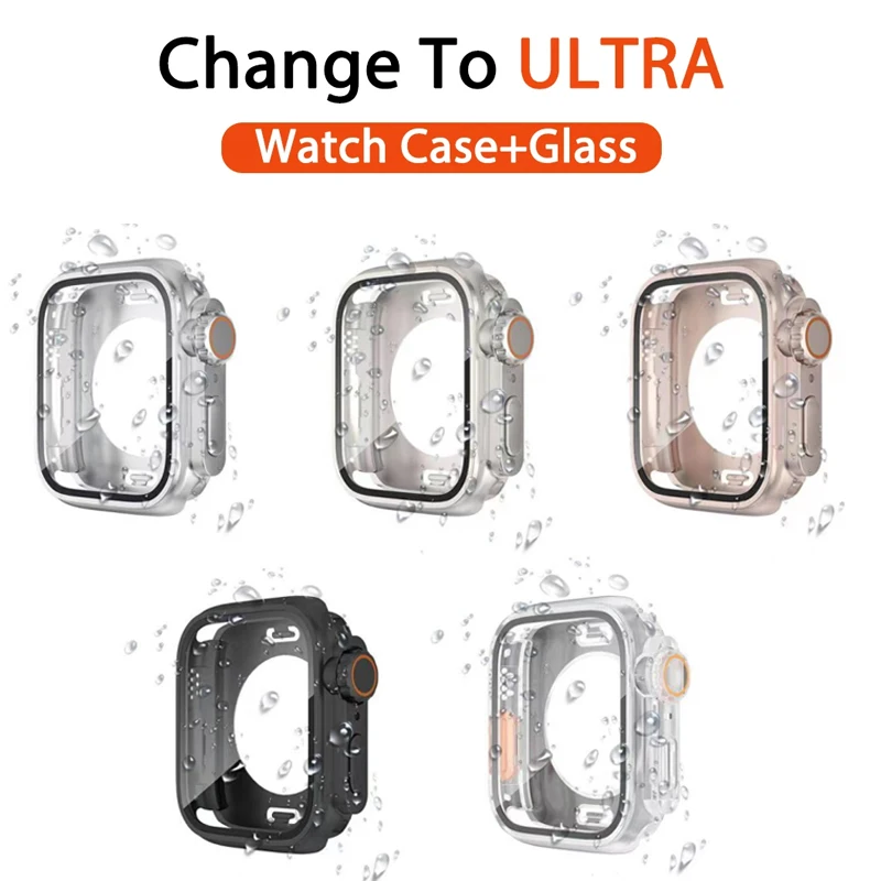 Cover for Apple Watch Series 9 8 SE 7 6 44mm 40mm Hard PC Front Rear Bumper Case+glass iwatch 45mm 41mm Change To Ultra 2 case