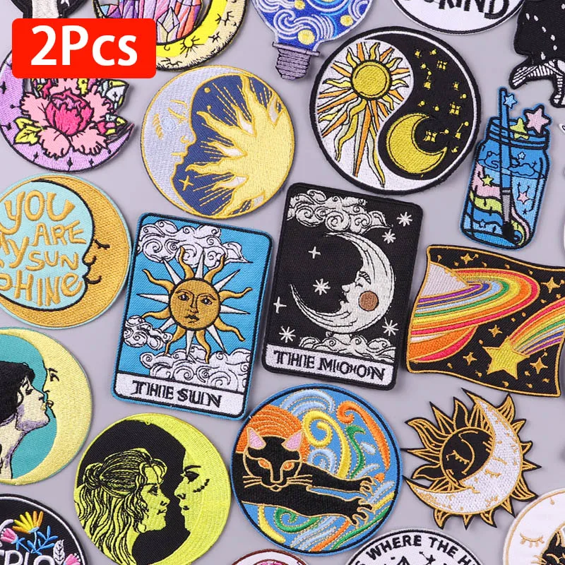 Prajna 2Pcs Sun And Moon Patch Iron On Embroidered Patches For Clothing Thermoadhesive Patches On Clothes DIY Appliques Stickers