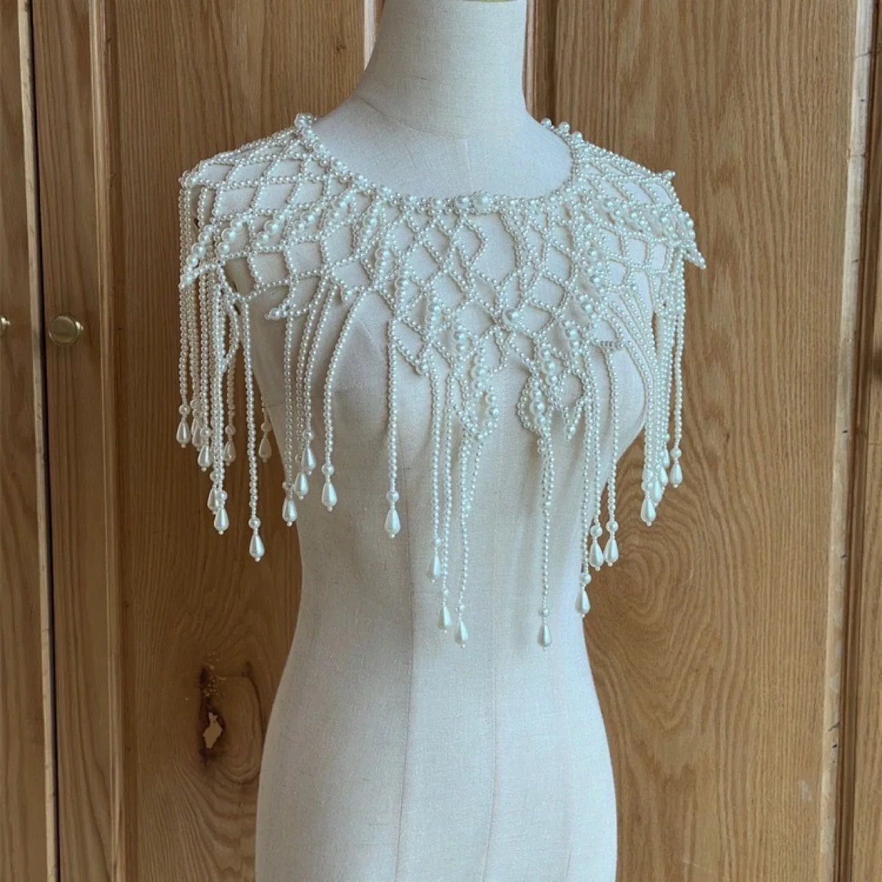 Handmade Pearl Layered Body Chain, Beaded Vest Shrug with Fringe Tassel, Elegant Women's Body Harness, Boho Cape Body Accessory
