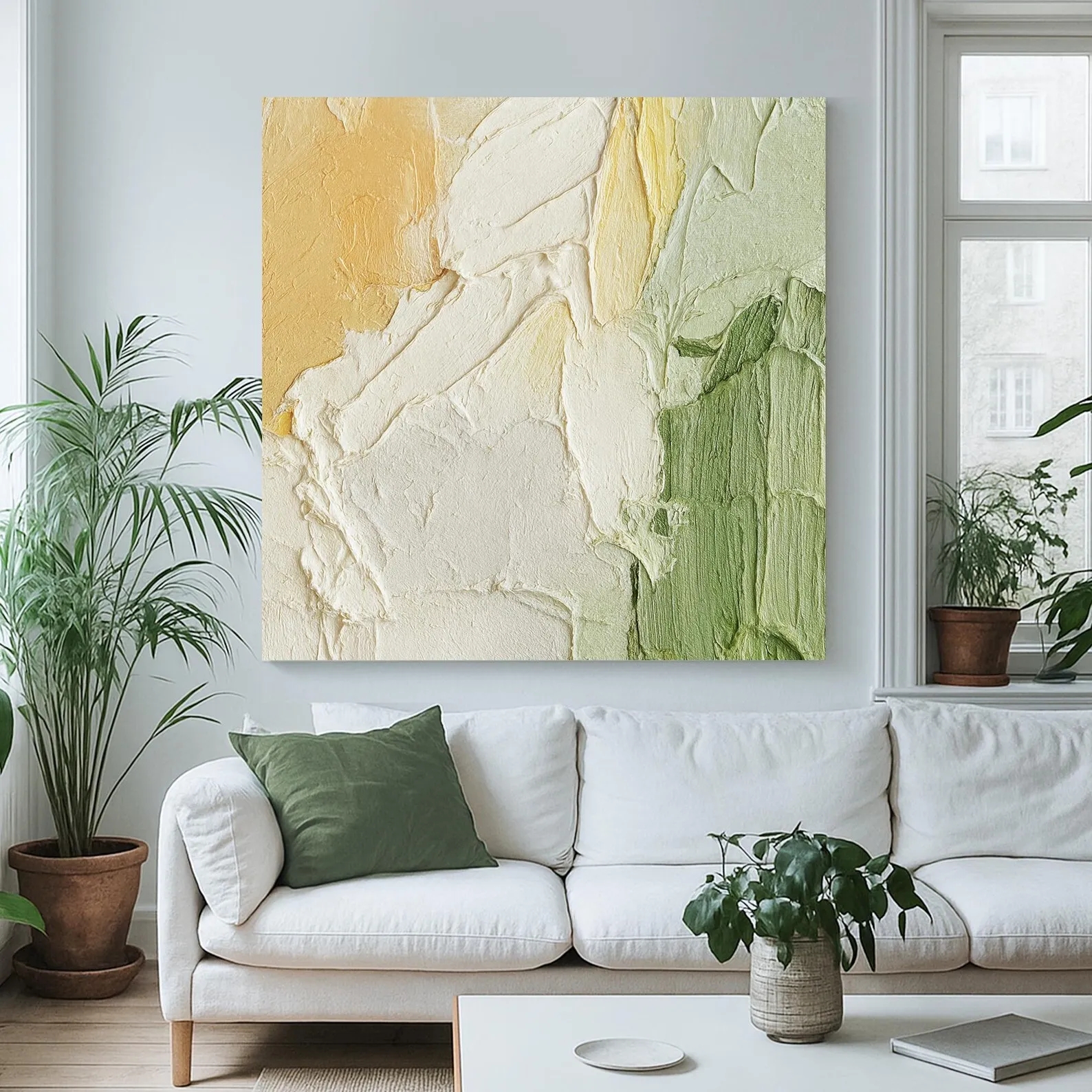 Mhemyo Original Textured Abstract Hand Painted Oil Painting on Canvas Neutral Beige Green and Yellow Minimalist Art Home Decor