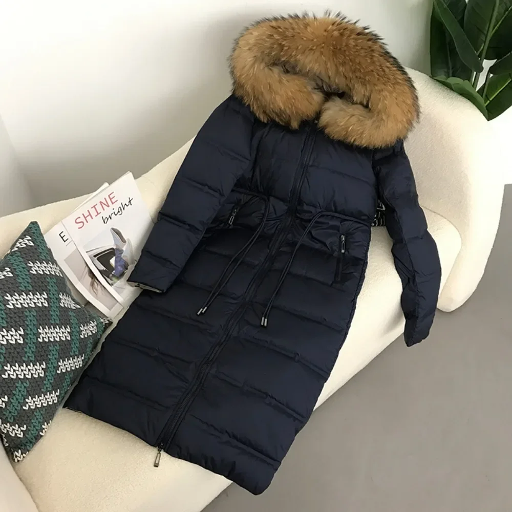 Long Fur Jacket Real Raccoon Fox Fur Collar Hooded Winter Women White Duck Down Coat Female Thick Warm Luxury Outerwear