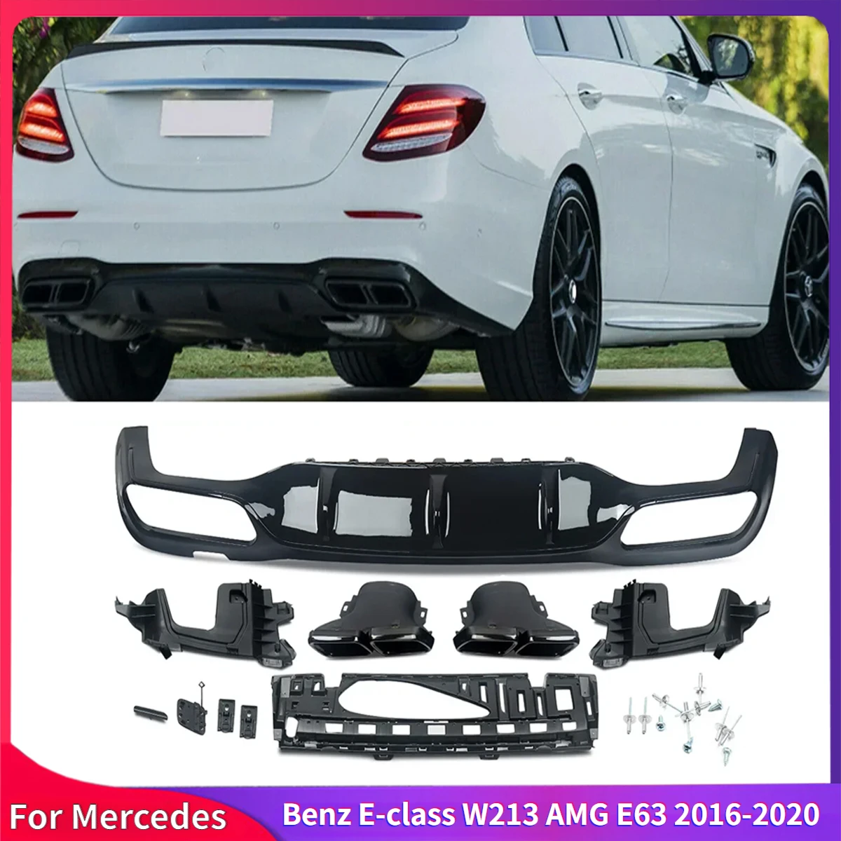 

For Mercedes-Benz E-class W213 AMG E63 Style Carbon Rear Bumper Diffuser with Exhaust Tips Auto Accessories Kits Glossly Black