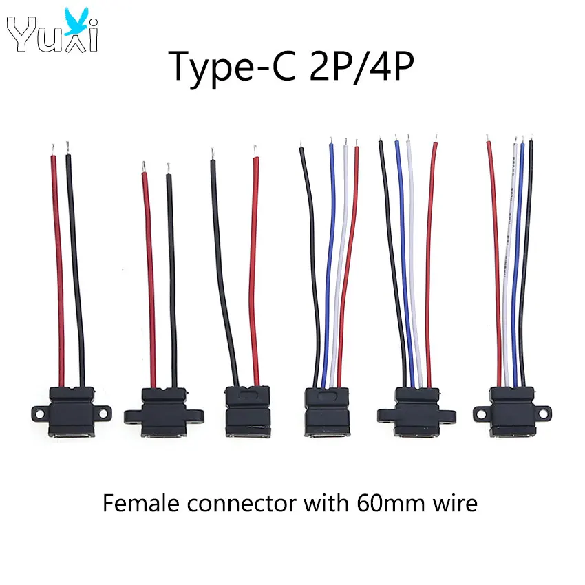 YuXi 1 Piece Type-C 2Pin 4Pin Waterproof Female Socket 2P/4P Solder Wire Charging Interface USB Connector With Cable