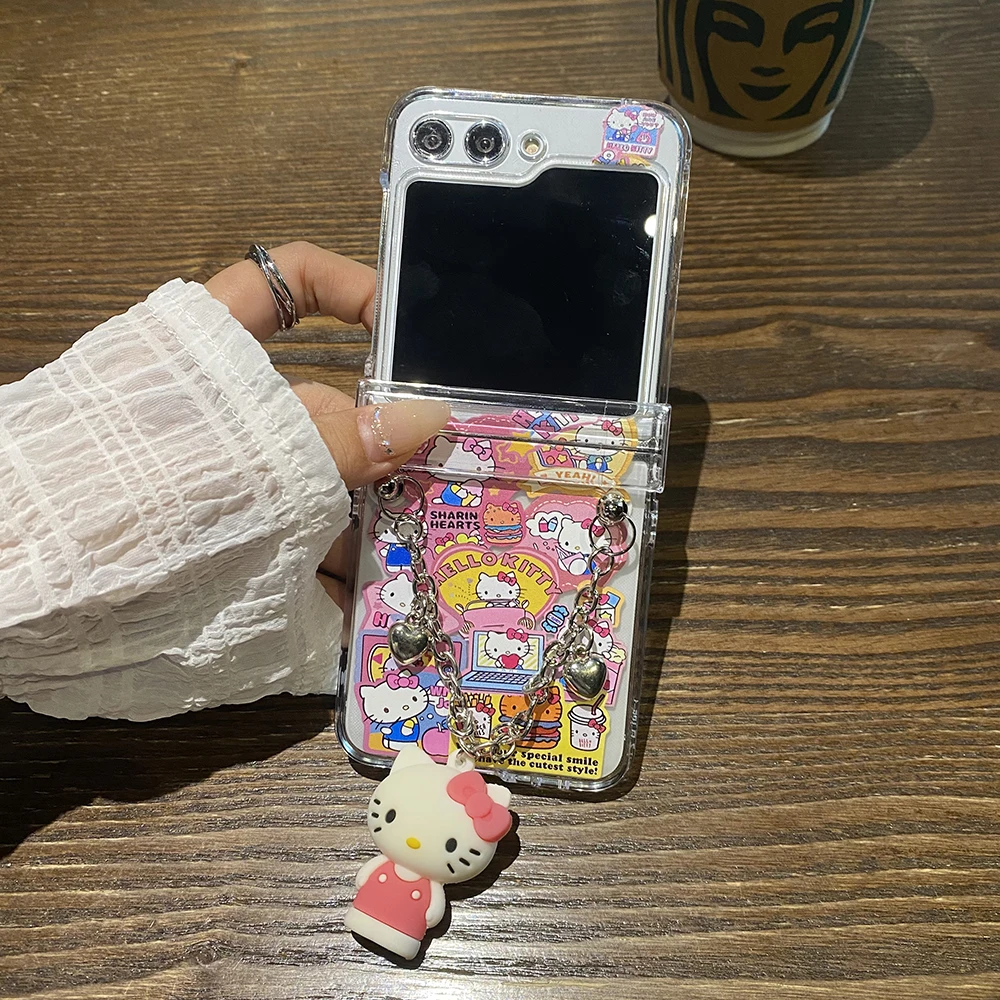 Etui na telefon Cartoon Kawaii Hello Kitty z bransoletką do Samsung Galaxy Z Flip 3 4 Z Flip 5 6 5G PC Hard Anti-drop Back Cover