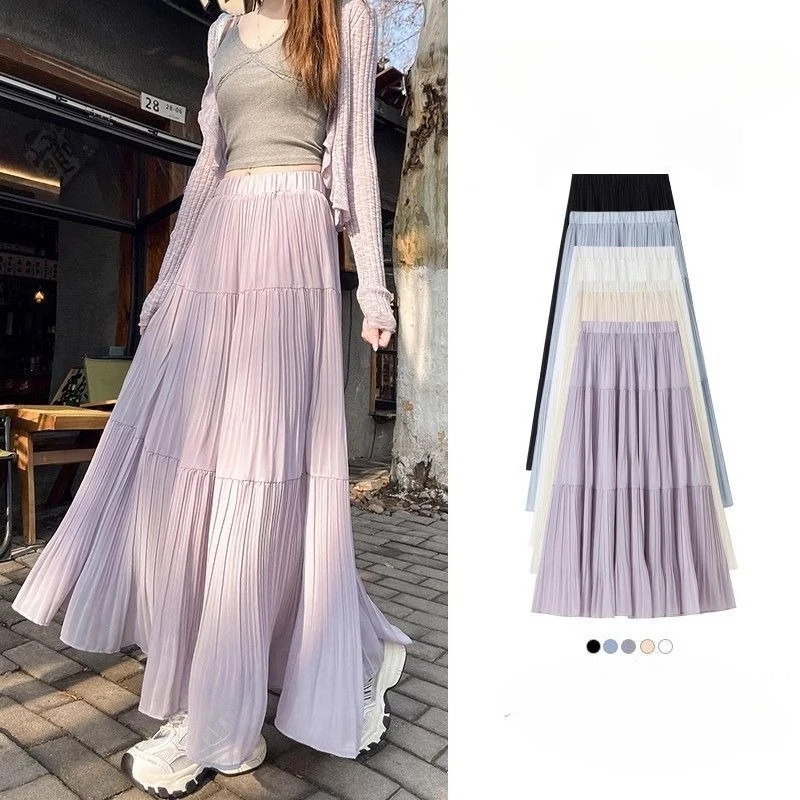 Spring Summer Women Skirts Vintage High Waist Elastic Patchwork White Black Chic Long Cake A-line Skirt Long Skirts for Women