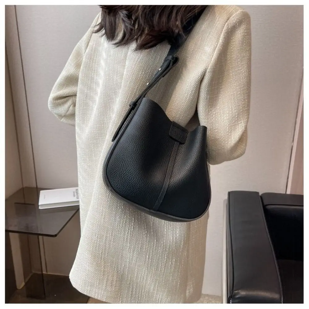 Fashion PU Leather Bucket Bag Large Capacity with Adjustable Strap Women Shoulder Purses Solid Color Handbag Crossbody Bag