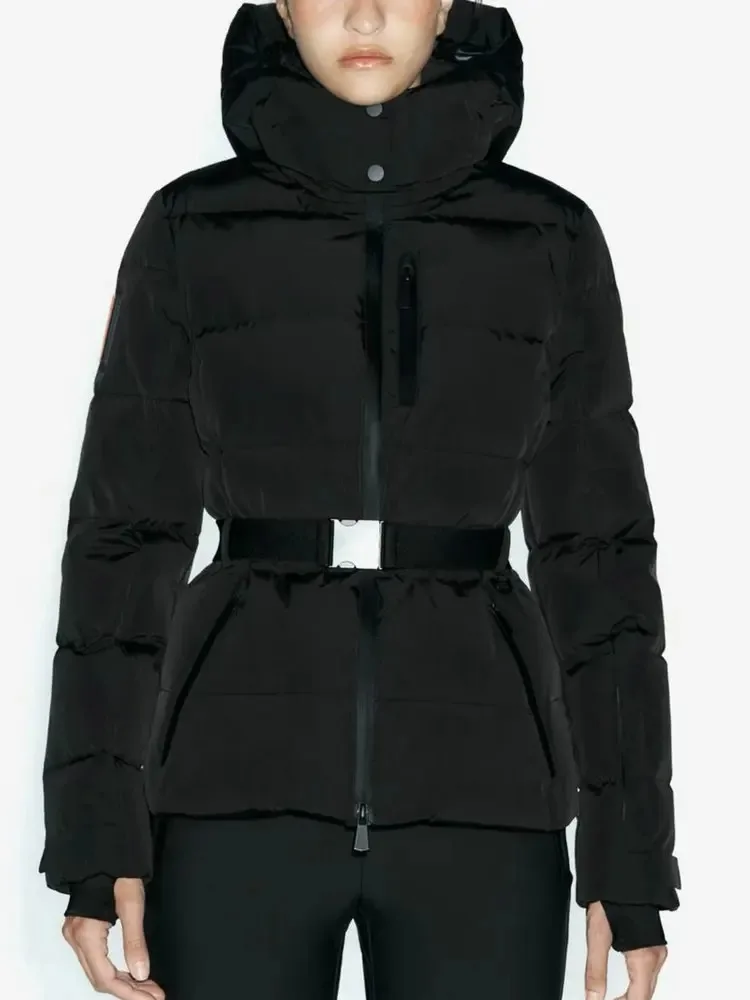 معاطف شتوية نسائية بقلنسوة عالية الخصر مبطنة مع حزام سترات نسائية أنيقة سميكة دافئة سترات تزلج مقاومة للرياح