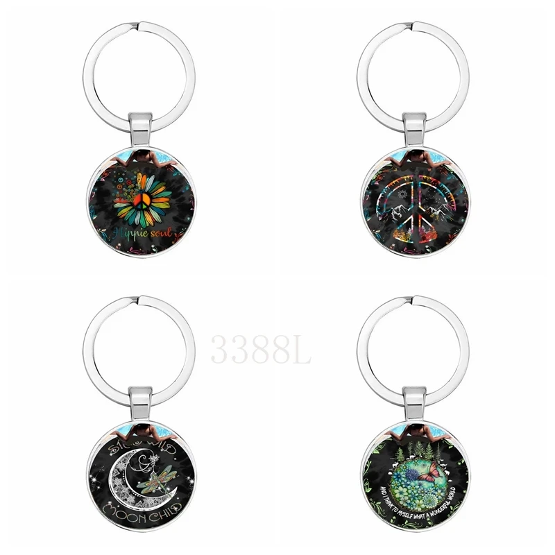 Fashion Jewelry Dome Glass Alloy Keychain Peace Sign Butterfly Creative Painting Gifts