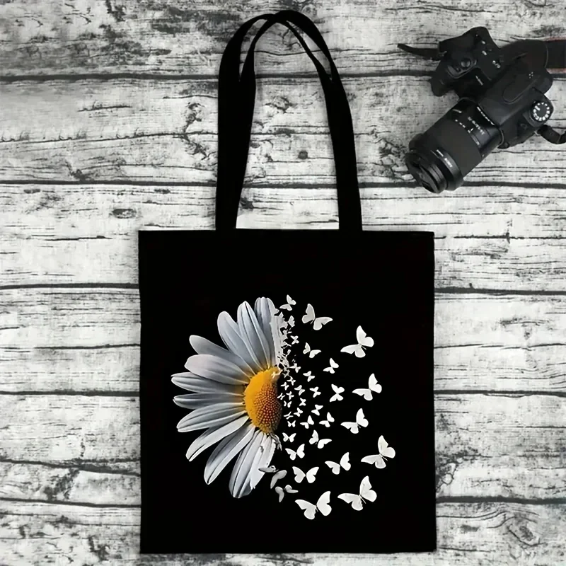 Холщовая большая сумка с принтом подсолнухов, мультяшная сумка на плечо для женщин и мужчин, большая вместительная сумка в стиле Харадзюку, идеальная сумка для покупок