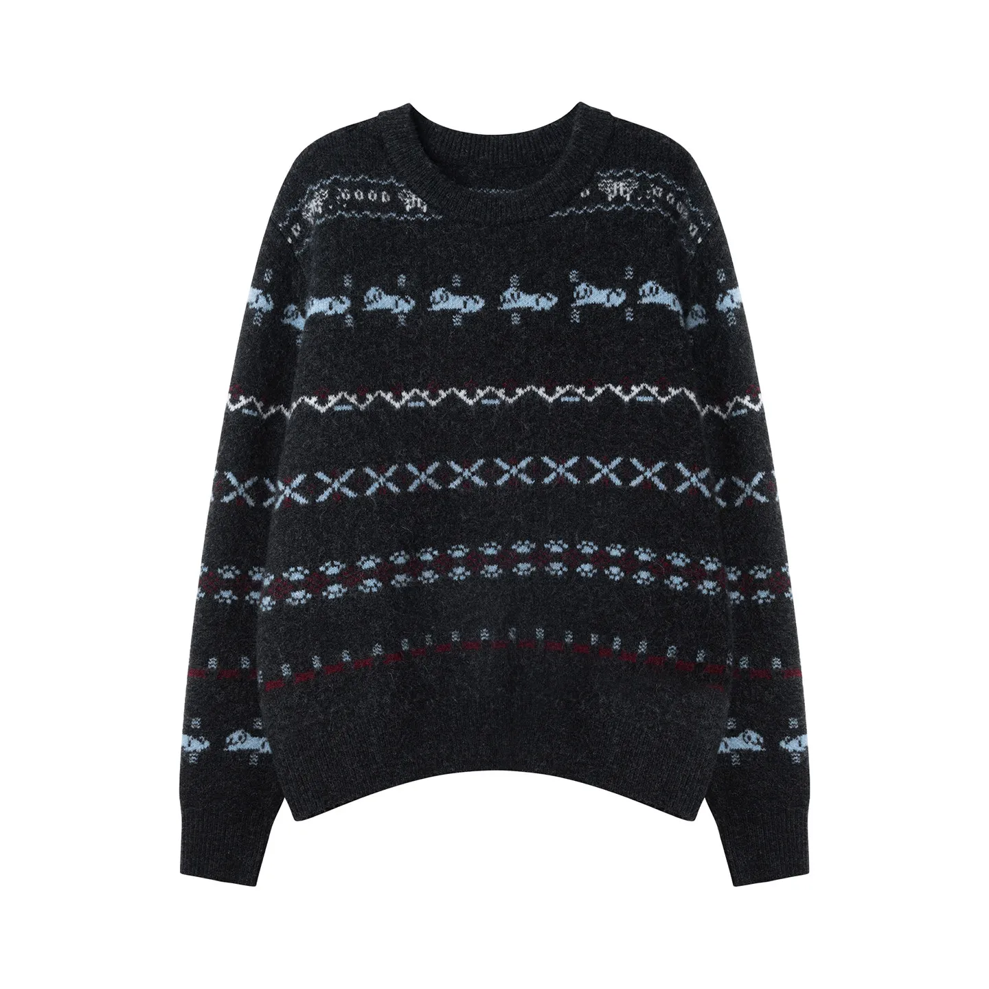 Lazy Wind Fair Island Layered Graphic Jacquard Dark Grey Pure Cashmere Women's Winter Pullover Leisure Sweater