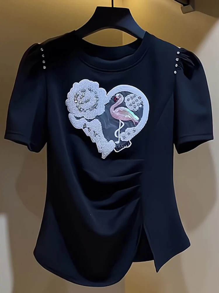 Black embroidery nail drill round neck short sleeved T-shirt for women's summer new design slim top 2025 New