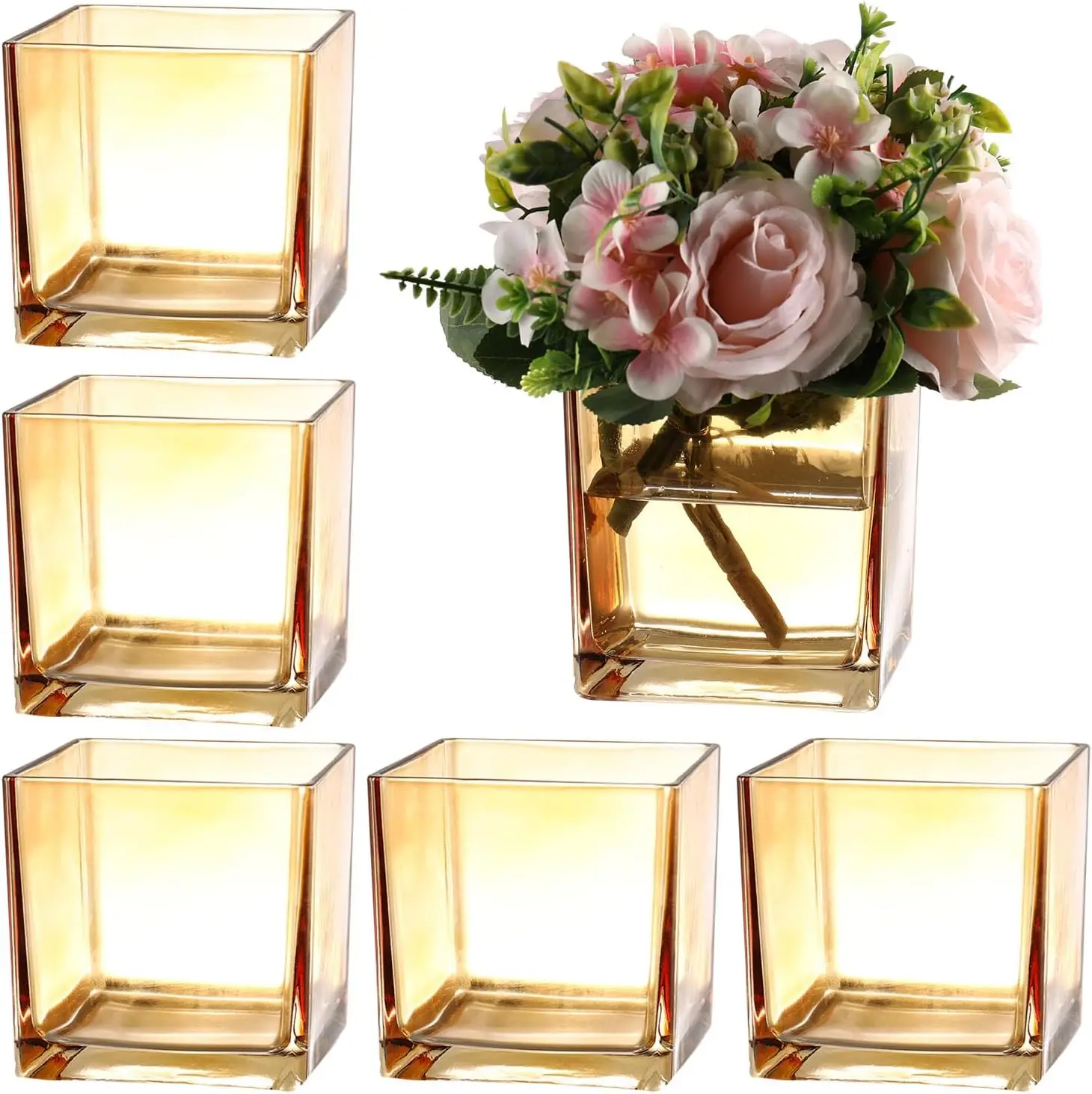 

Square Amber Glass Vases Set of 6, 5" x 5" x 5" Flower Vases for Centerpieces, Square Vase for Centerpieces, Small Vase