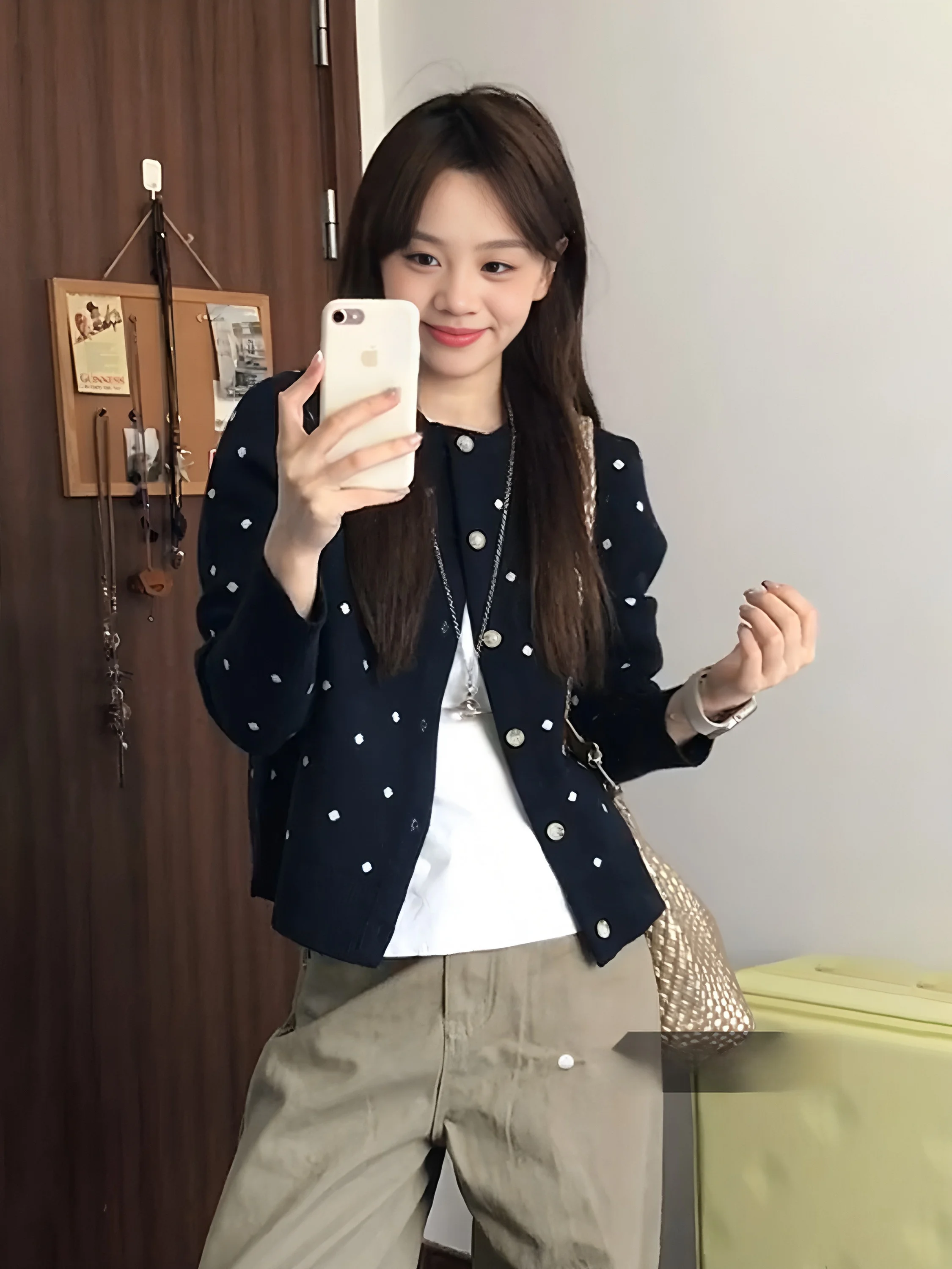 

Ретро-кардиган в горошек, вязаный, приталенный, в корейском стиле, весенний, с эффектом стройности, синий, теплый, для повседневной носки