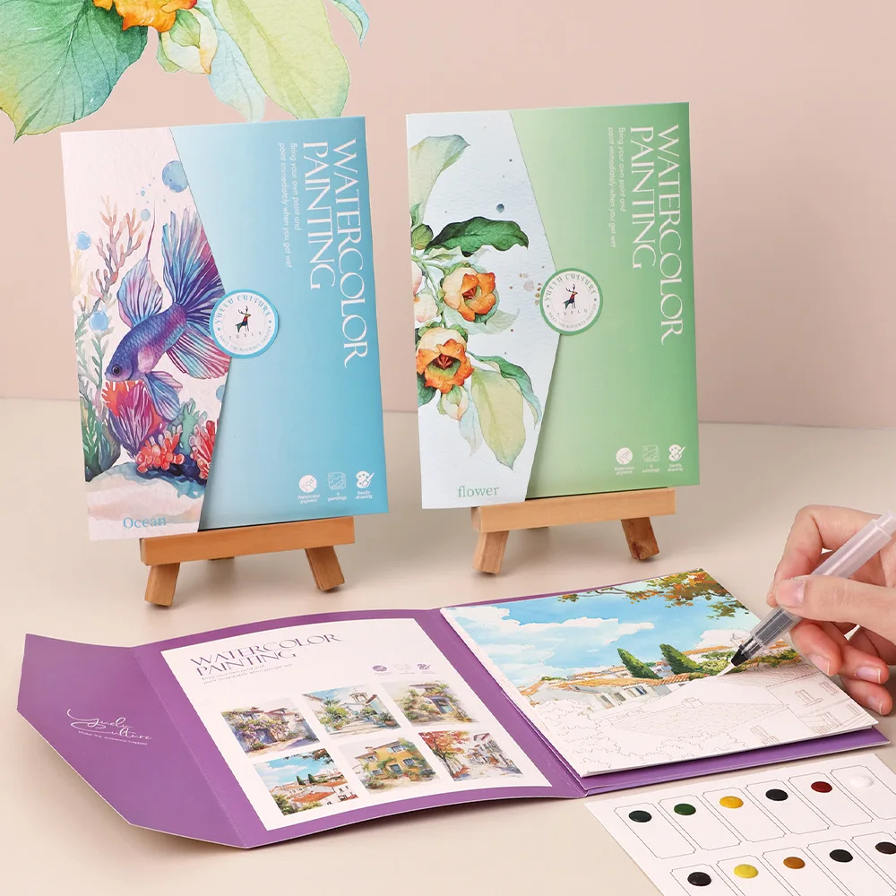 A Set of Creative Watercolor Painting Tools - Adult Coloring Book with Landscape and Floral Patterns