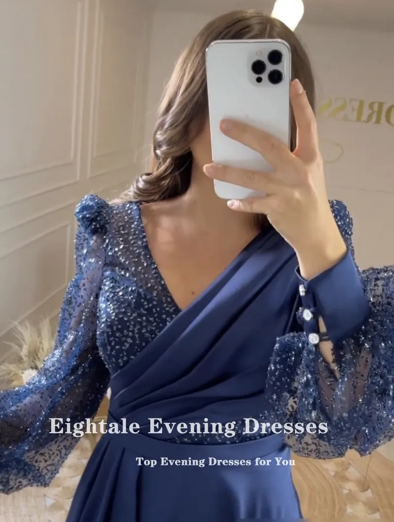 Eightale Navy Blue Short Evening Dress for Wedding Party Customized Satin Gliiter Prom Gown Long Puffy Sleeves Celebrity Gown