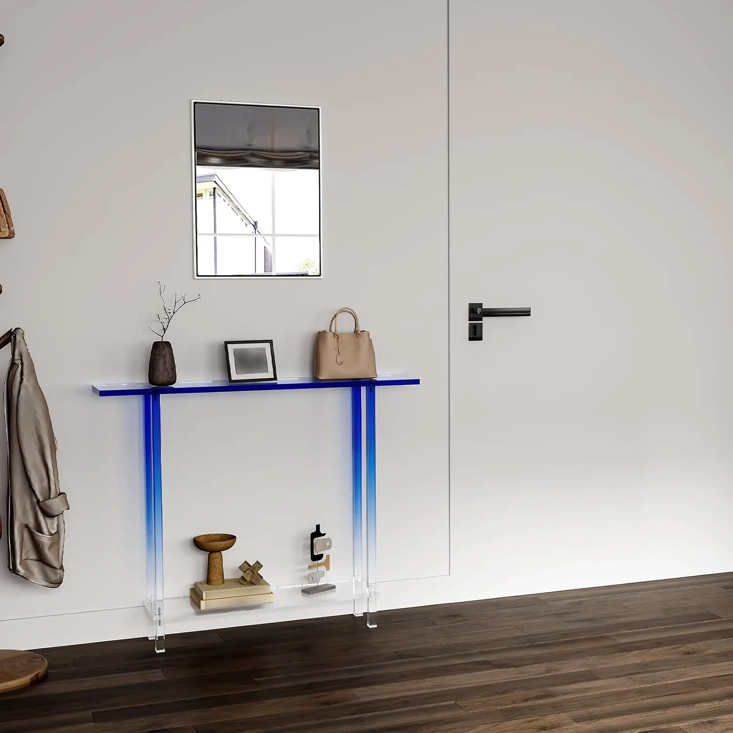 Hmyhum Narrow Acrylic Console Table, With Transparent Gradient Blue Square Legs, 7.6