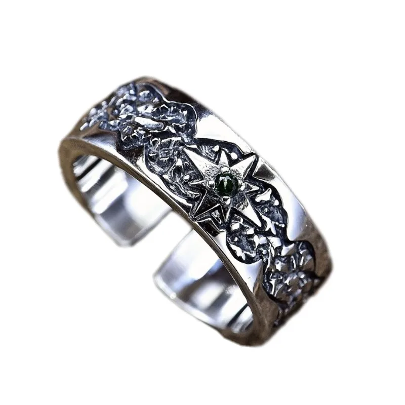 BOCAI S925 Pure Silver Jewelry Hexagonal Star Ins Niche Design Retro Versatile Adjustable Ring Men's Trendy Personalized Gift