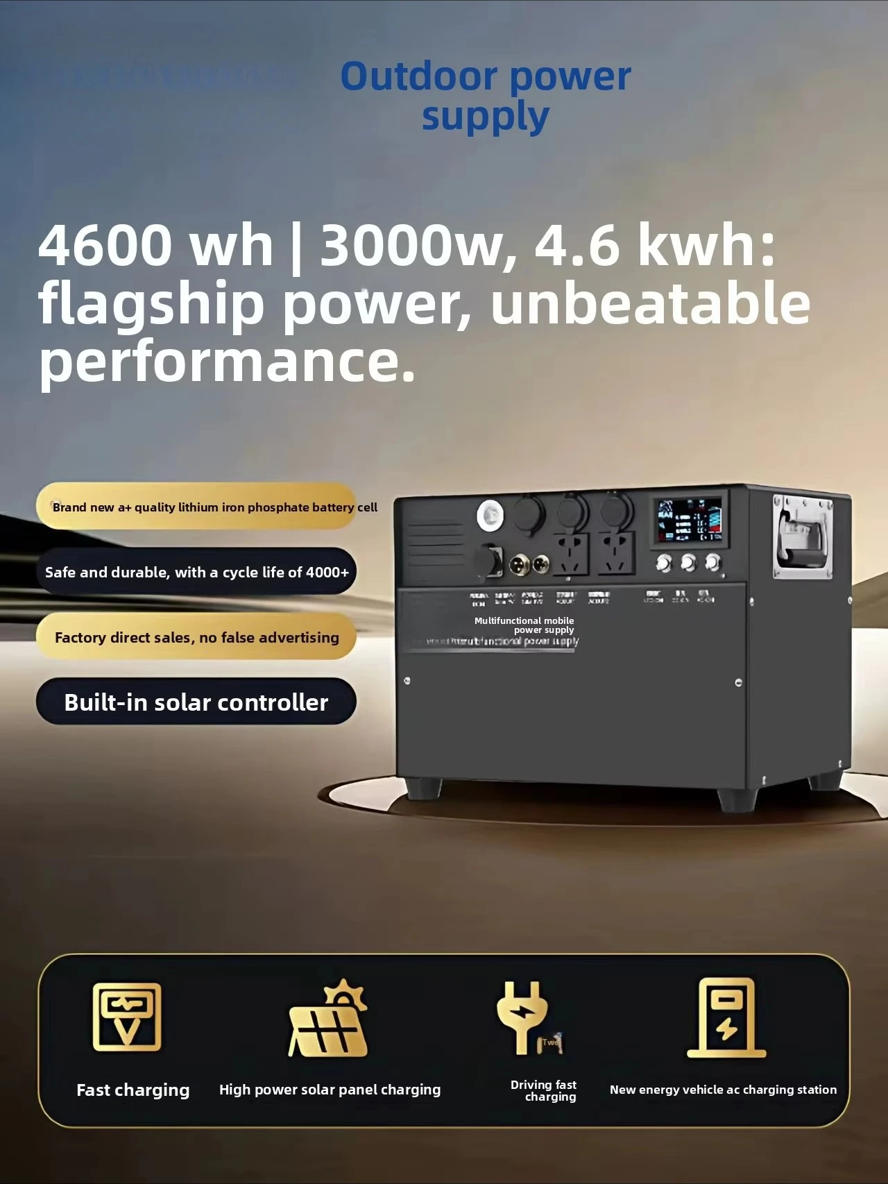 

Portable 3000W Station 4600Wh LiFePO4 Battery Pure Sine Wave MPPT Solar Panel for RV Emergency Flashlight Cars Cigar Lighter