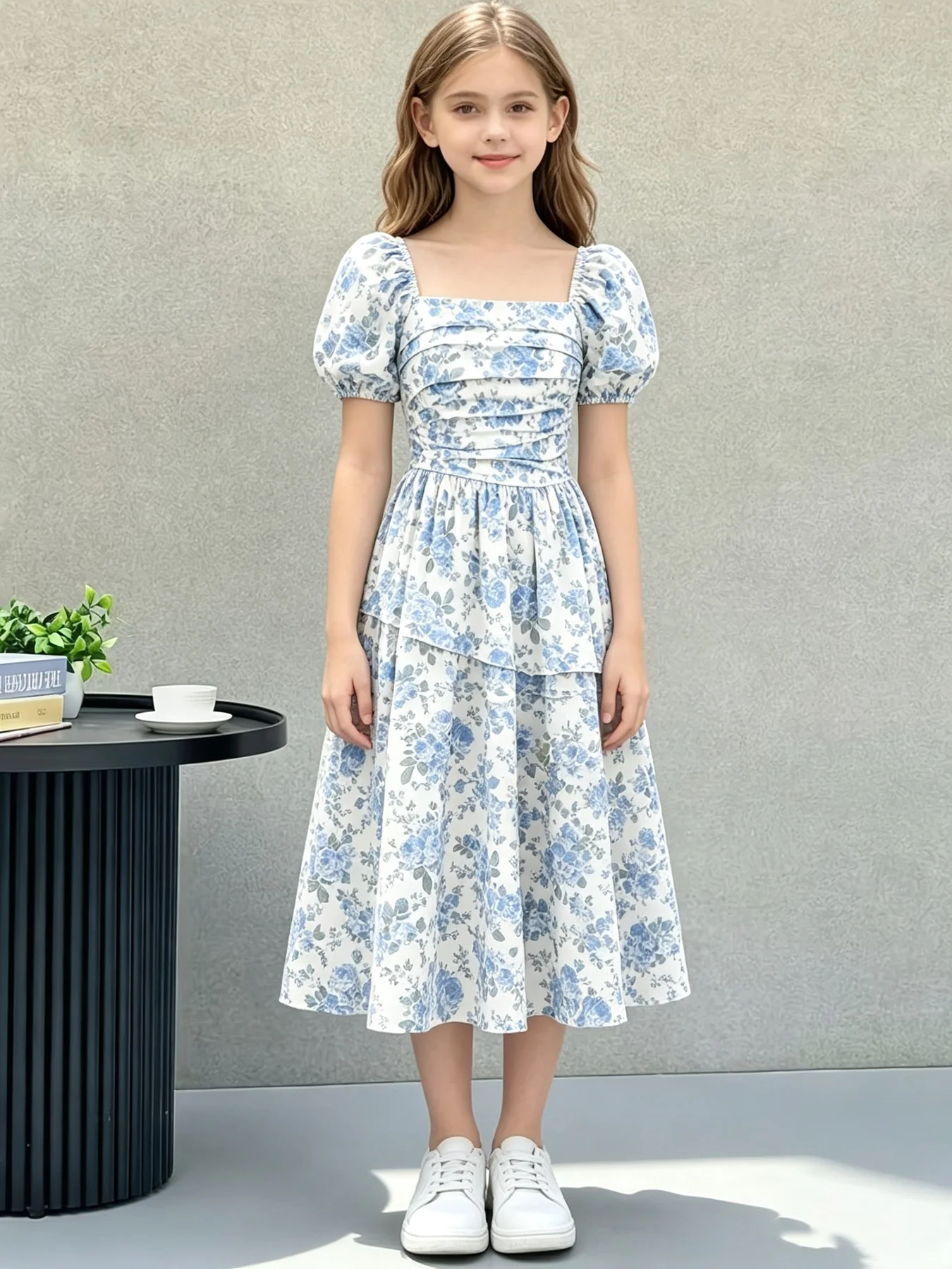 Mädchenkleid mit Blumenmuster, lässiger quadratischer Ausschnitt, kurze Ärmel, tailliert, mittellanger Rock, bequeme Kinderkleidung – Detail 6