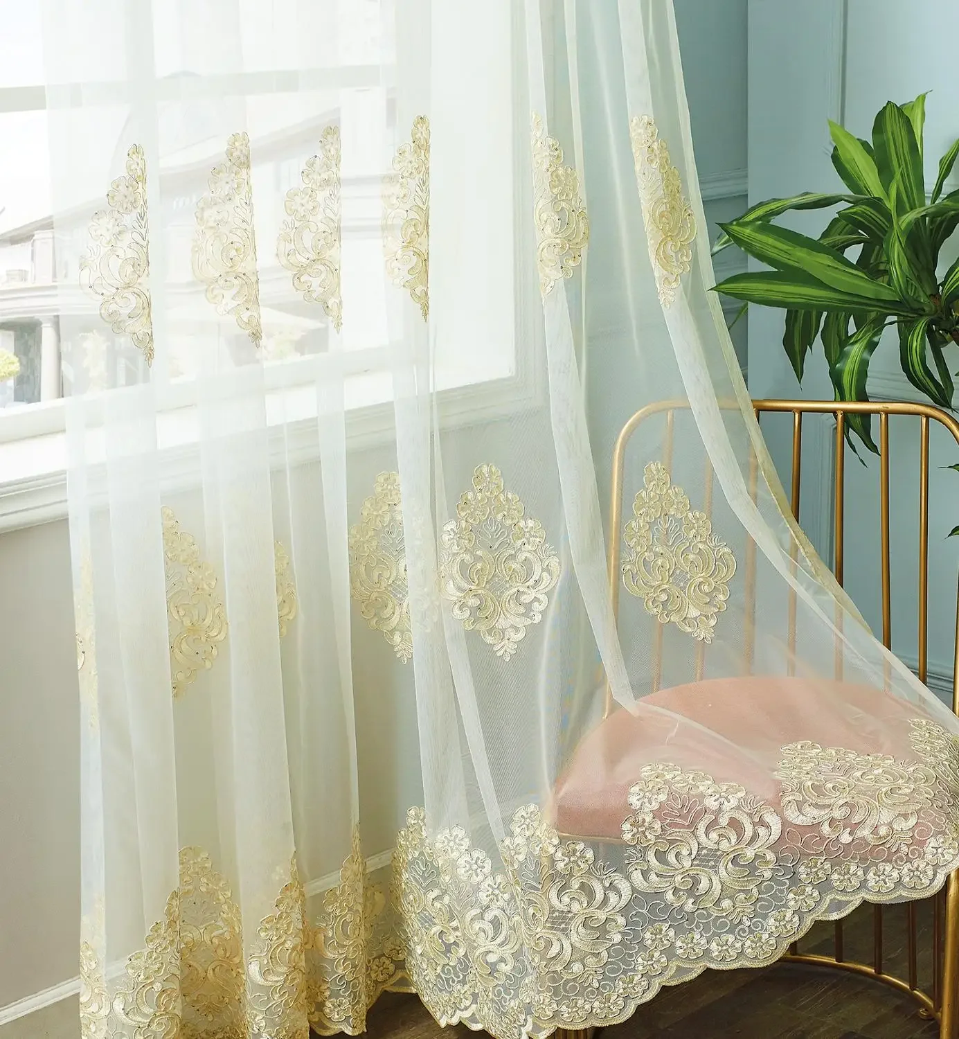 

Luxury European Embroidered Gold Tulle Curtains for Living Room Bedroom Sheers Curtain Window Treatment Cortinas Room Divider