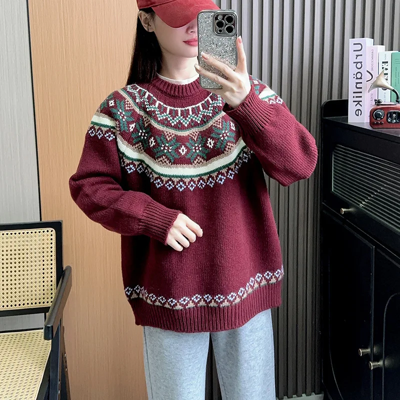 Maglioni pullover da donna Maglioni lavorati a maglia casual Modello geometrico natalizio Maniche lunghe Girocollo Elegante vestibilità ampia 2025 Autunno