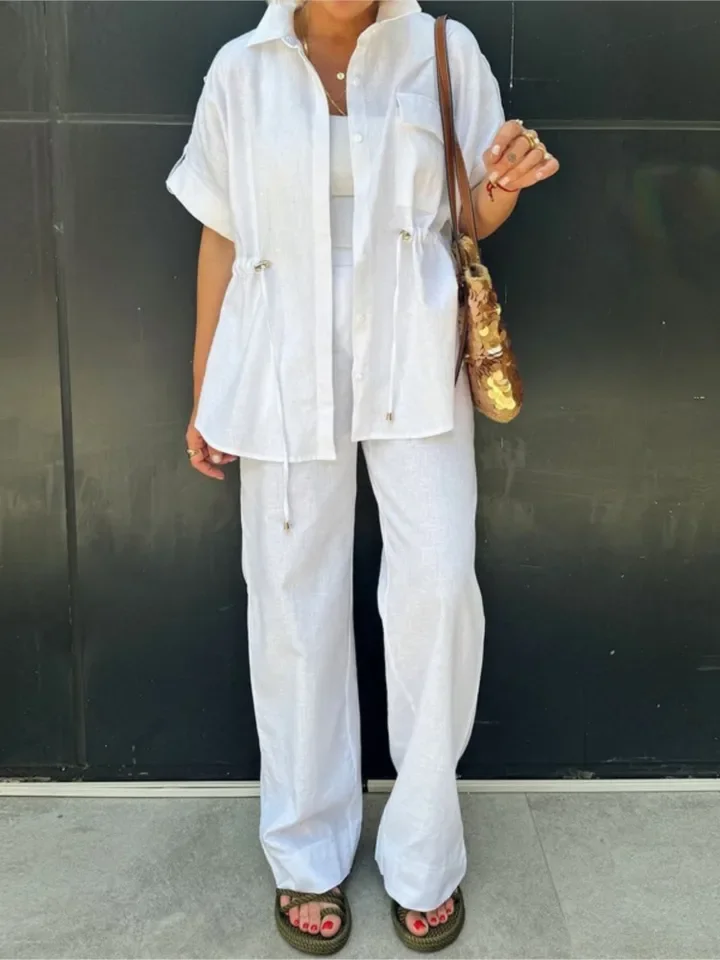 ชุดเซ็ตสองชิ้นสำหรับผู้หญิง ฤดูร้อน ปี 2025 เสื้อทรงหลวม กางเกงขายาวเอวสูงทรงกว้าง ชุดลำลองทันสมัย สไตล์หรูหรา ชุดสูทลำลอง ชุดสองชิ้นสำหรับผู้หญิง