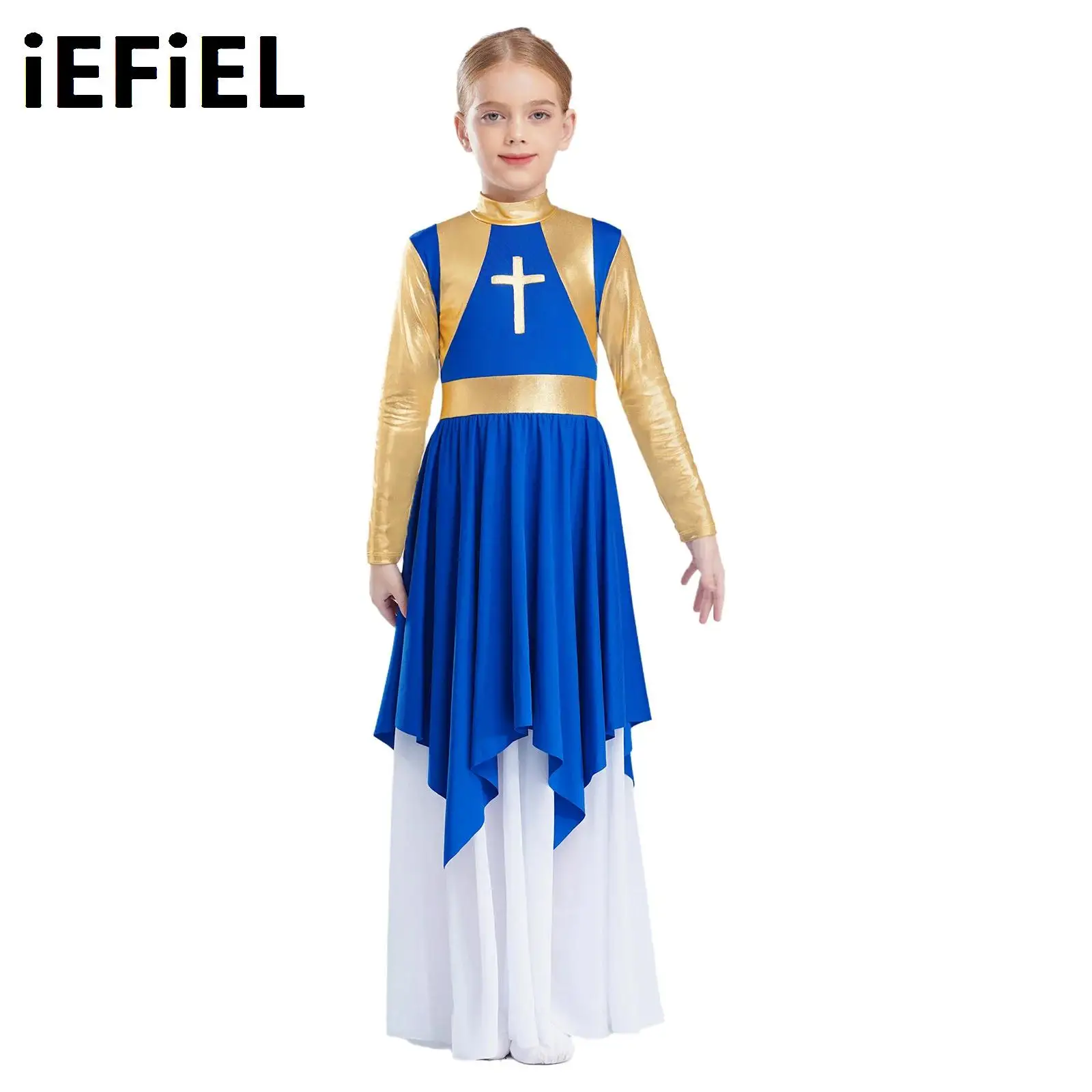 

Kids Girls Liturgical Worship Dress Praise Dance Dress Metallic Color Block Patchwork Maxi Dress Church Choir Dancewear