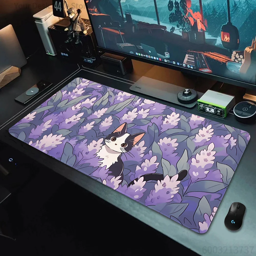 Kawaii Black Cat Mousepad  Aesthetic Plant Nature Laptop XXL Mice Pad Large Gaming Deskmat Cute Green Non-slip Carpet Rug