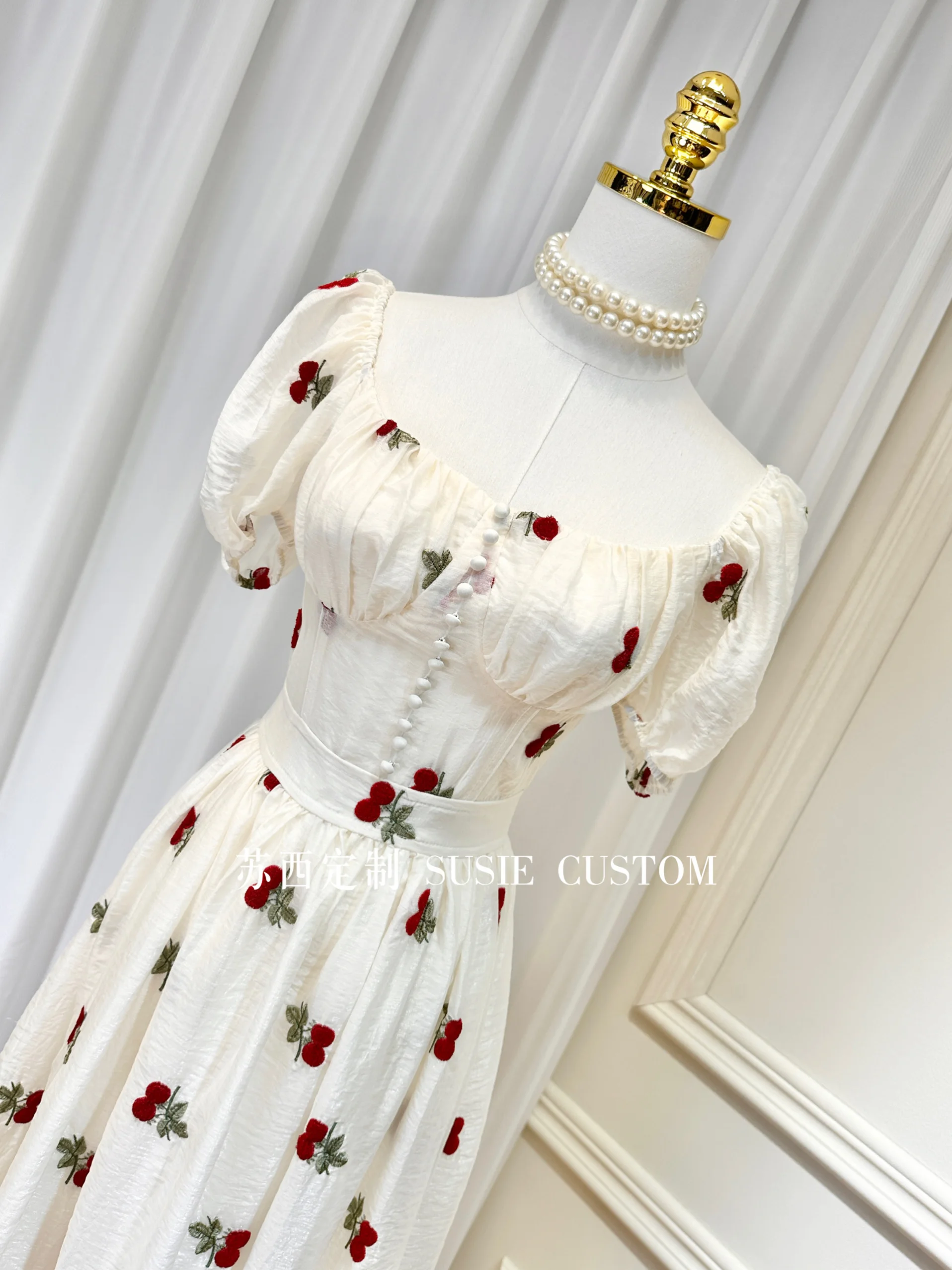 French Fairy Style Princess Dress Embroidered Puff Sleeve Square Collar Pleated High Waist A-line Seaside Summer Dresses Women