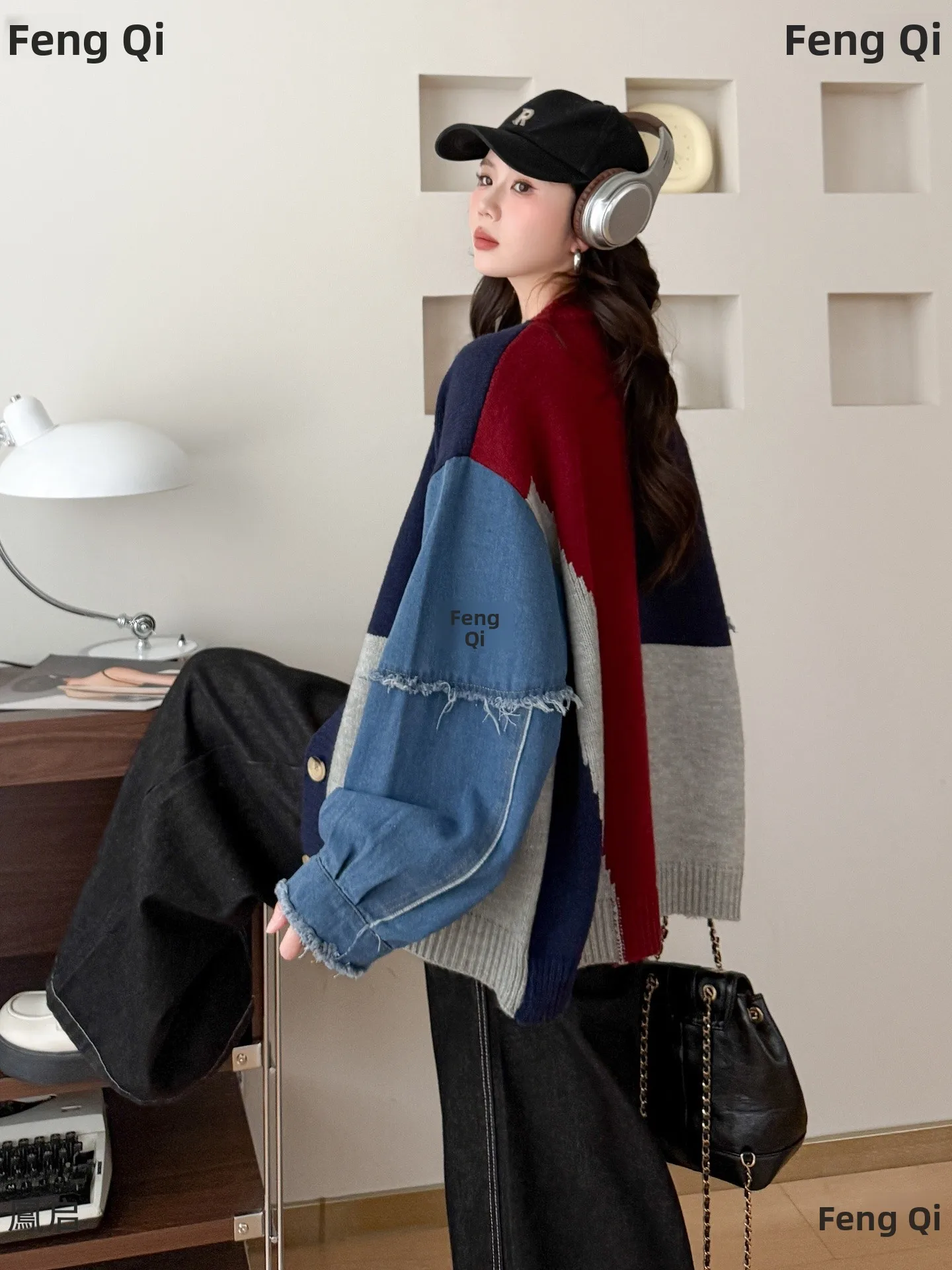 Cardigan tricoté en Denim pour femmes, ample, Patchwork, automne hiver, nouveau Sle v-ne Long, chaud, amincissant, vêtements d'extérieur tendance