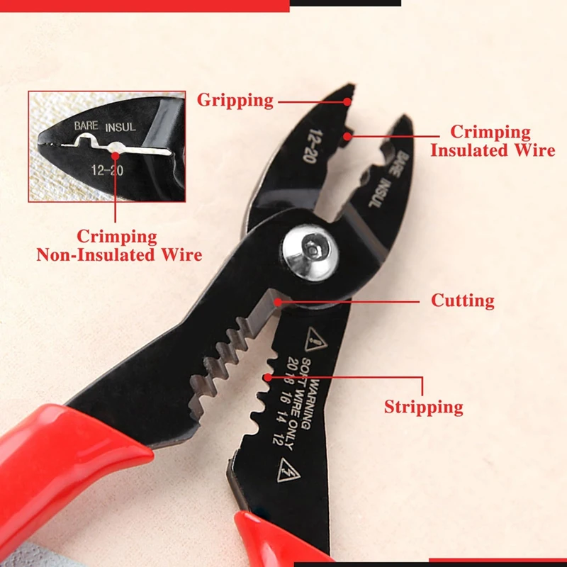 4-In-1 Multi-Purpose Electricians Pliers Wire Cutter, Stripper, Gripper For 12-20 AWG Insulated & Non-Insulated Wires Durable