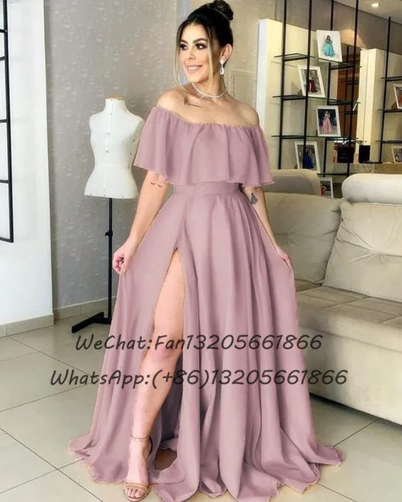 Flowing Chiffon A-line Long Bridesmaid Dresses Slit Off Shoulder Boat Neck Women Wedding Guest Dress Party Prom Gown