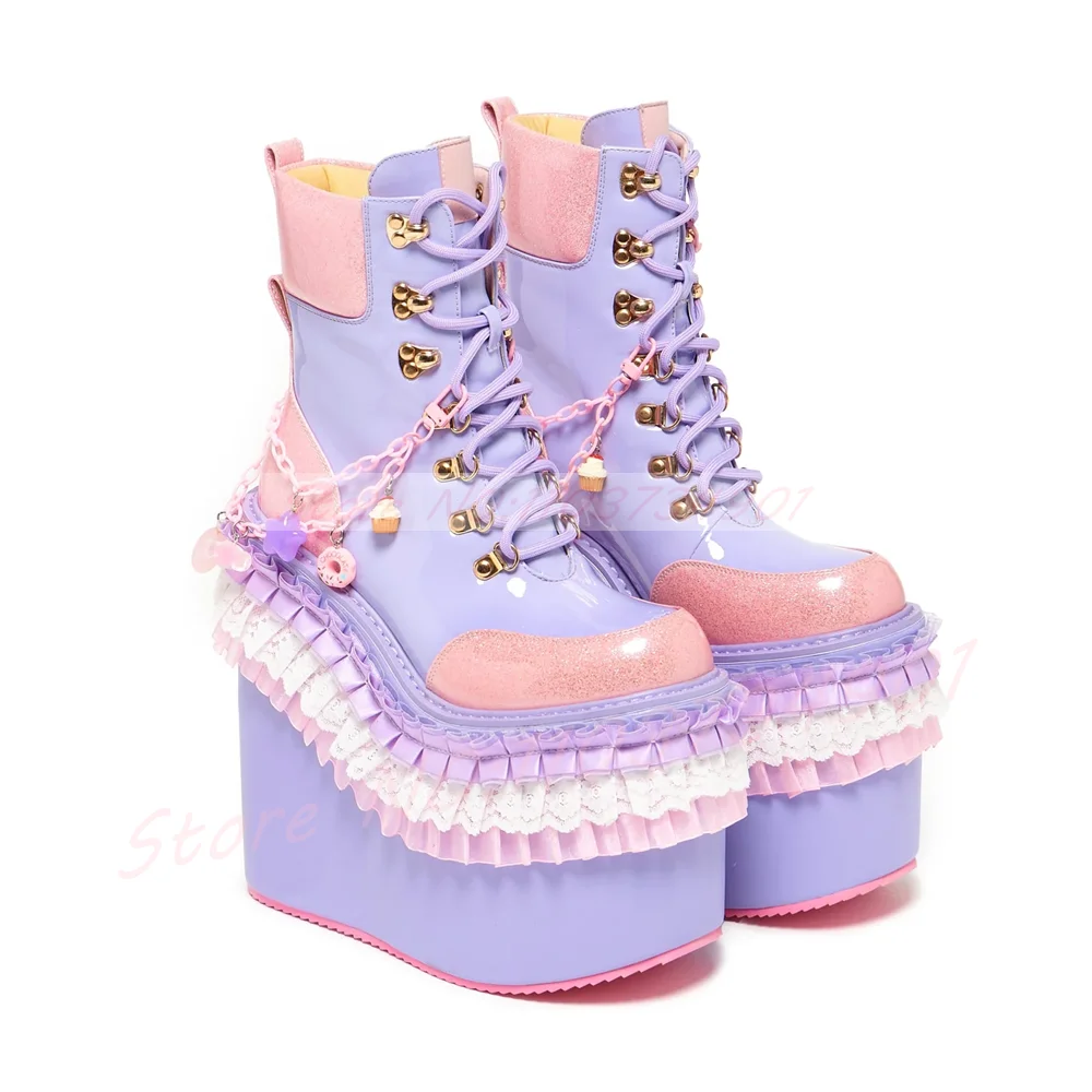 Ruffle Lace Trim Platform Boots Women Purple Pink Candy Chain Wedge Cake Shoes Lolita Festival Party High Heels Ankle Boots