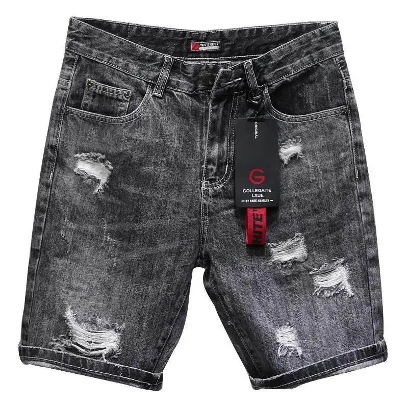 Shorts jeans rasgados preto e cinza para homens, jeans elásticos, calças com zíper, botões populares de designer, emo novo, original