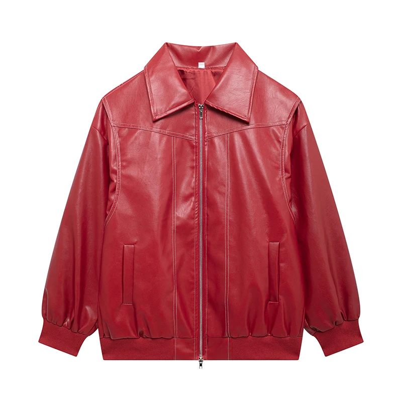 SIYANG  Women Fashion Chic Cropped Plque Leather coats Female Pockets Zipper Lapel Collar Leather coats Ladies Casual Coat