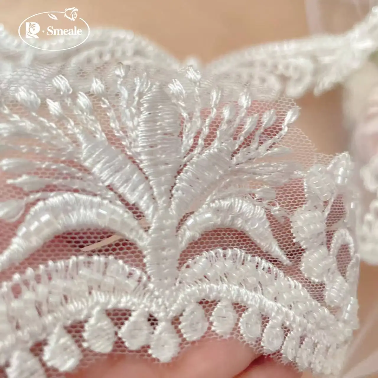 Beaded Border Lace with Rayon Material, DIY Wedding Veil Lace Fabric, Ivory White, Width 12.5cm, RS2704, 2Yards Per Lot