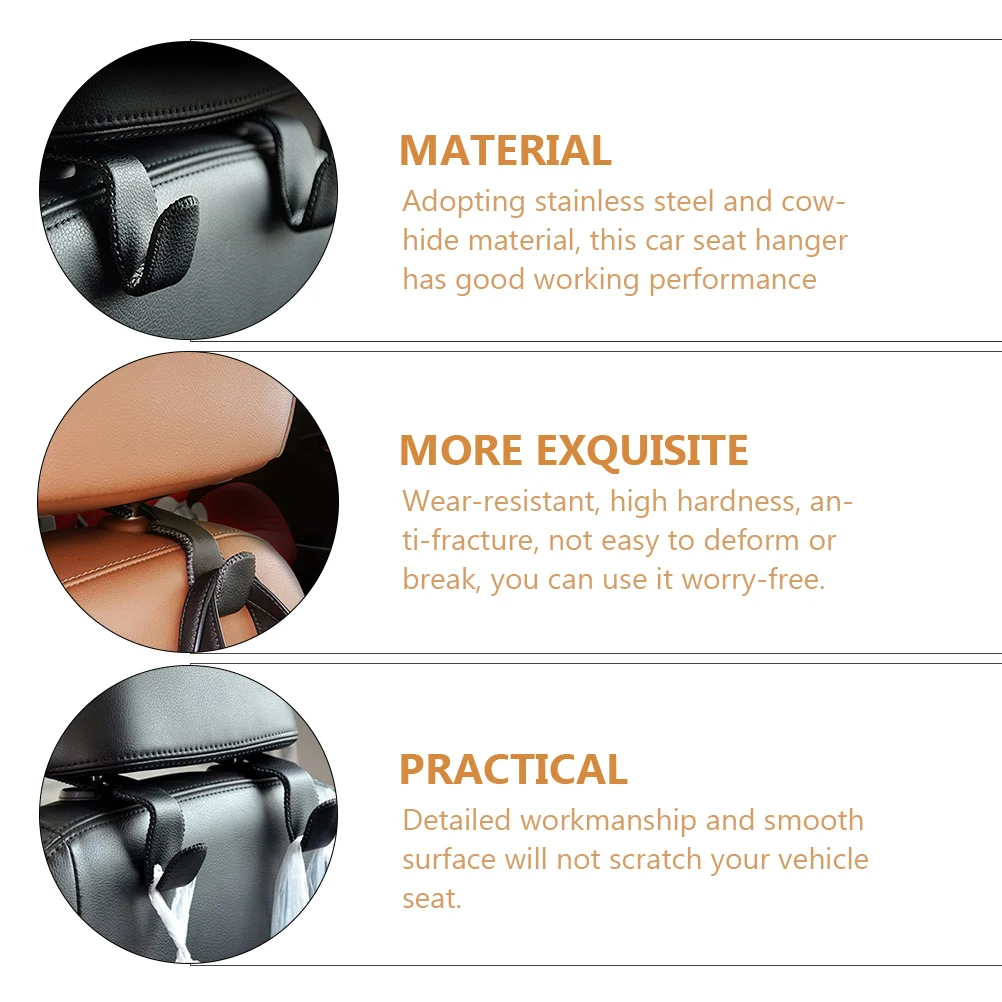 

2 pcs Car Seat Back Hooks Stainless Steel Cowhide Multifunctional Rear Hangers Headrest Storage Solution Vehicle Accessories