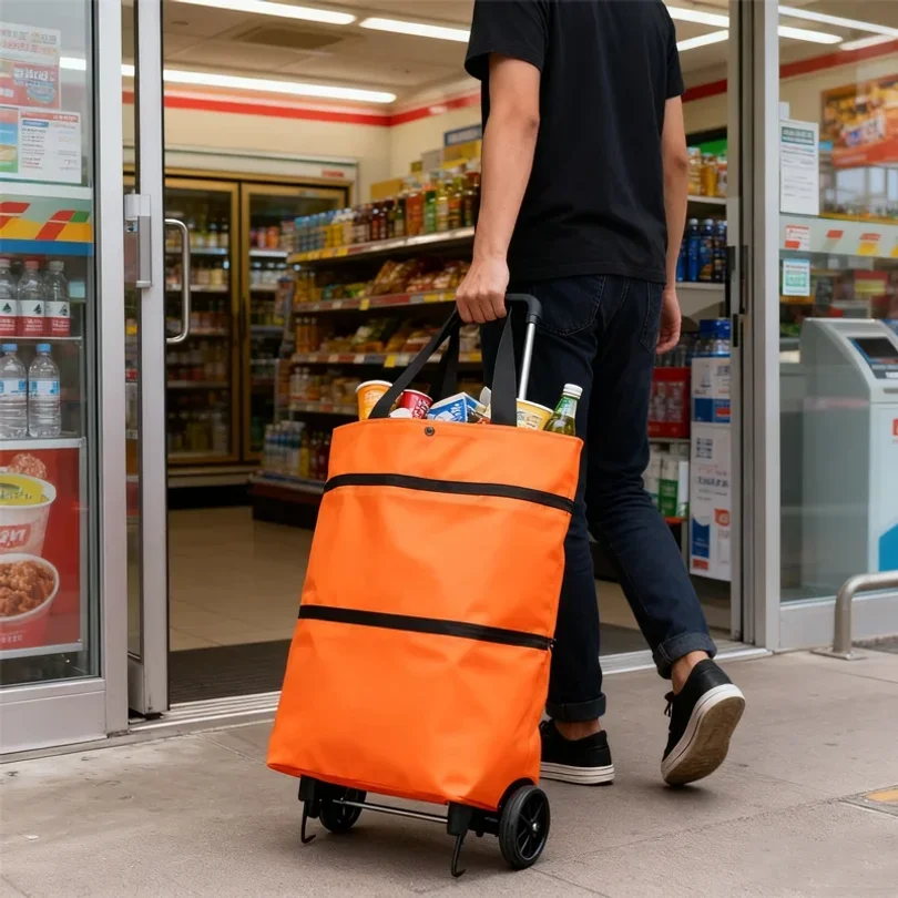 Foldable Shopping Bag with Wheels Trolley Basket Small Pull Cart Home Utility Retractable Tug Supermarket Grocery Shopping Cart