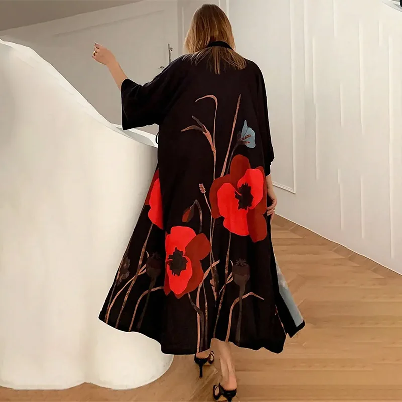 

Chinese Style Retro New Chinese-Style Improved Hanfu Mid-Length Robe Cardigan Feather Jacket Summer Tie-Up Yukata Nightgown Cover-Up