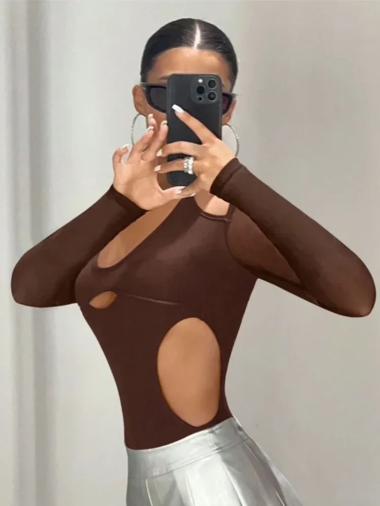 บอดี้สูทแขนยาวเปิดไหล่เว้าคอสูงแฟชั่นสาวเซ็กซี่สไตล์ยุโรปและอเมริกา