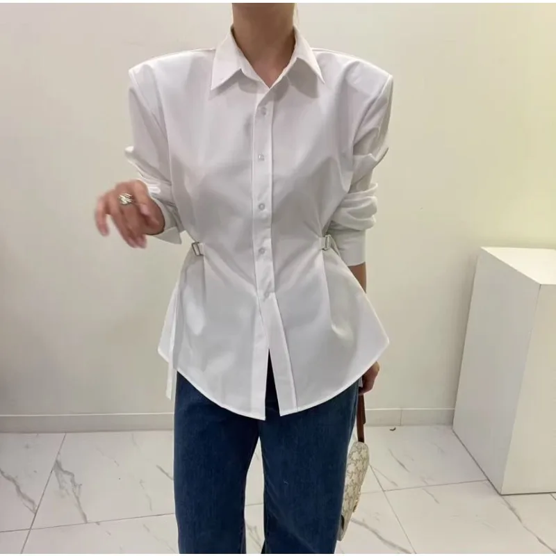 QWEEK Office Elegant Woman Basic Shirt Korean Style Youthful Chic Tunic Solid Color Blouse Long Sleeve Button Up Clothes Autumn