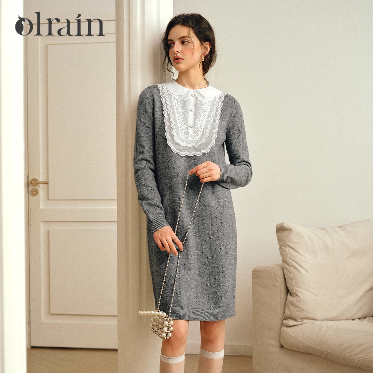 

OLrain Women Casual Knitted Dresses 2025 Autumn New in Lace Straight Dress Vintage Elegant Loose Dress Woman Clothes O57QL001313