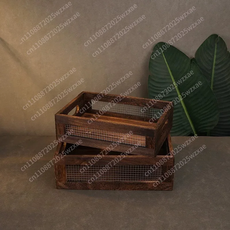 Retro style wooden storage basket, tray rectangular storage box two-piece set of photo props