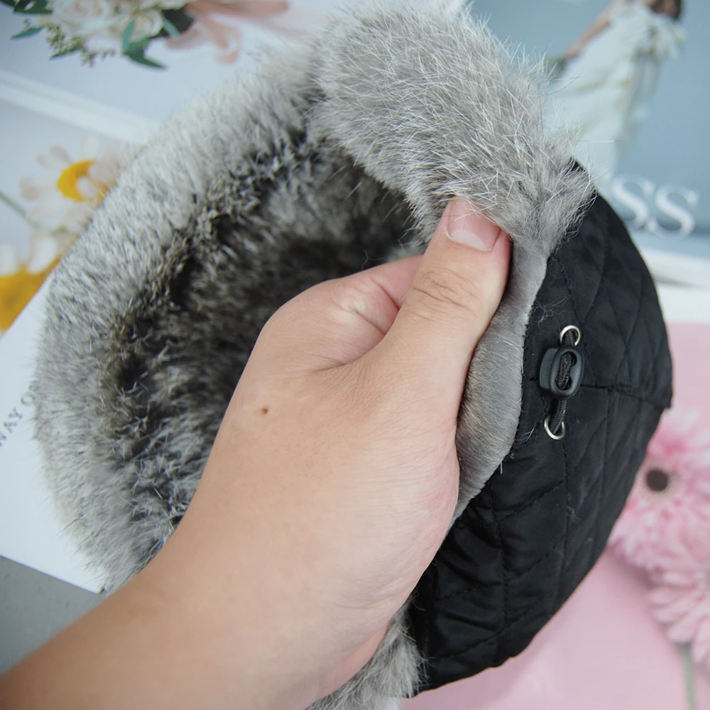 New Rabbit Fur Hats for Women Winter Warm Solid Genuine Luxury Fur Cap High Quality Female Fur Hat with Tail Cute Girls Cat Hats