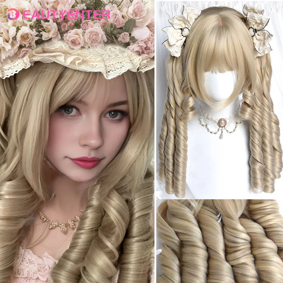 Belleza sintético Beige oro elegante Retro romano rollo doble cola de caballo fibra resistente al calor mujer Lolita tigre boca Clip peluca