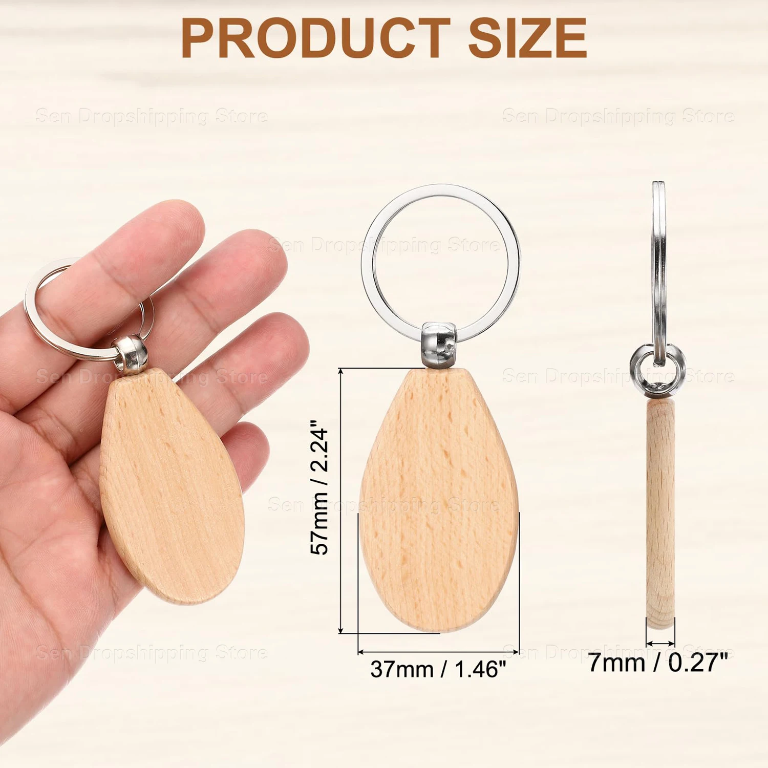 50Pcs Teardrop Wooden Keychain- DIY  Key Ring - Creative Mini Pendant Keychain